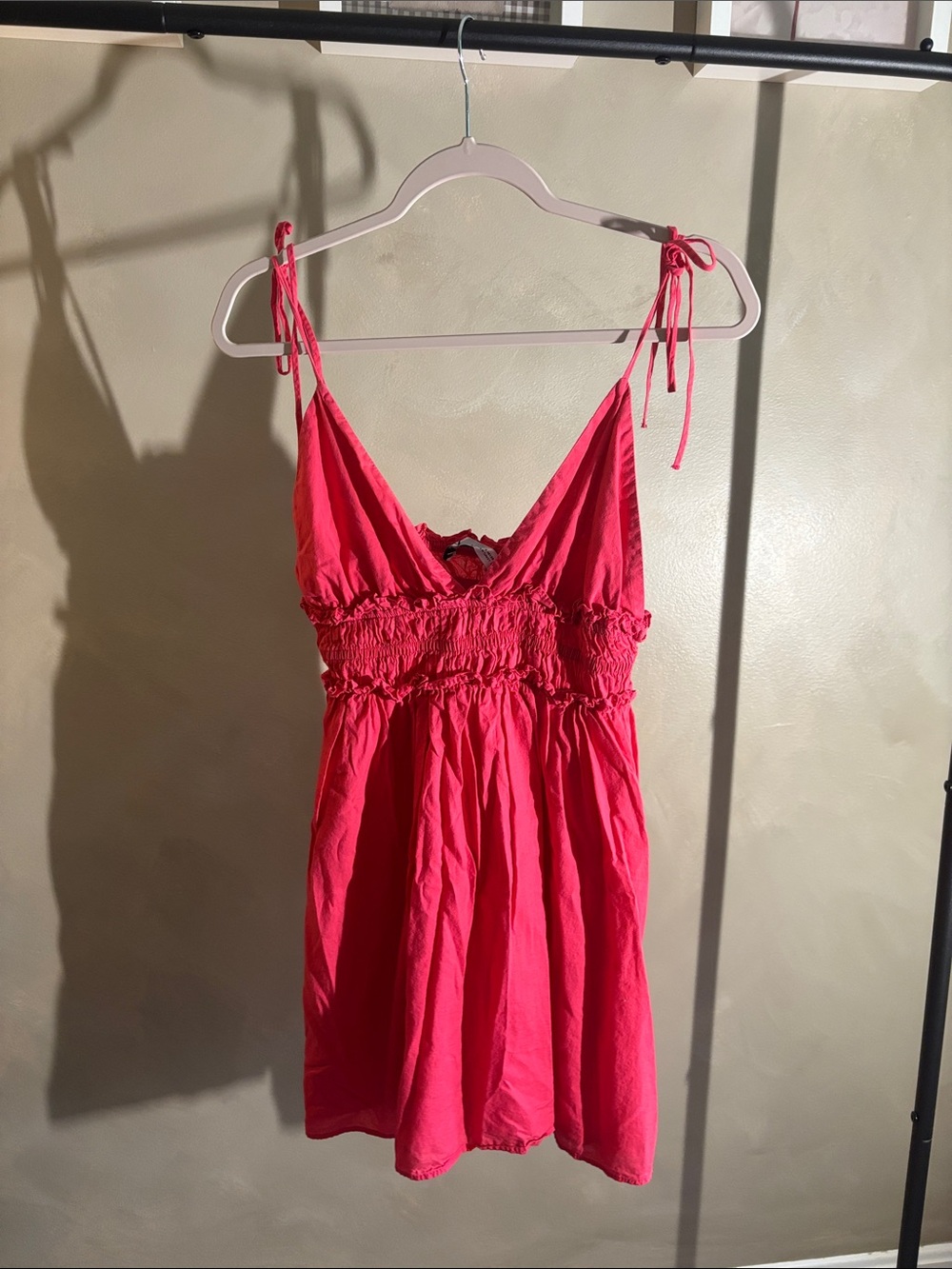 Zara Hot Pink Tie-Shoulder Smocked Mini Dress